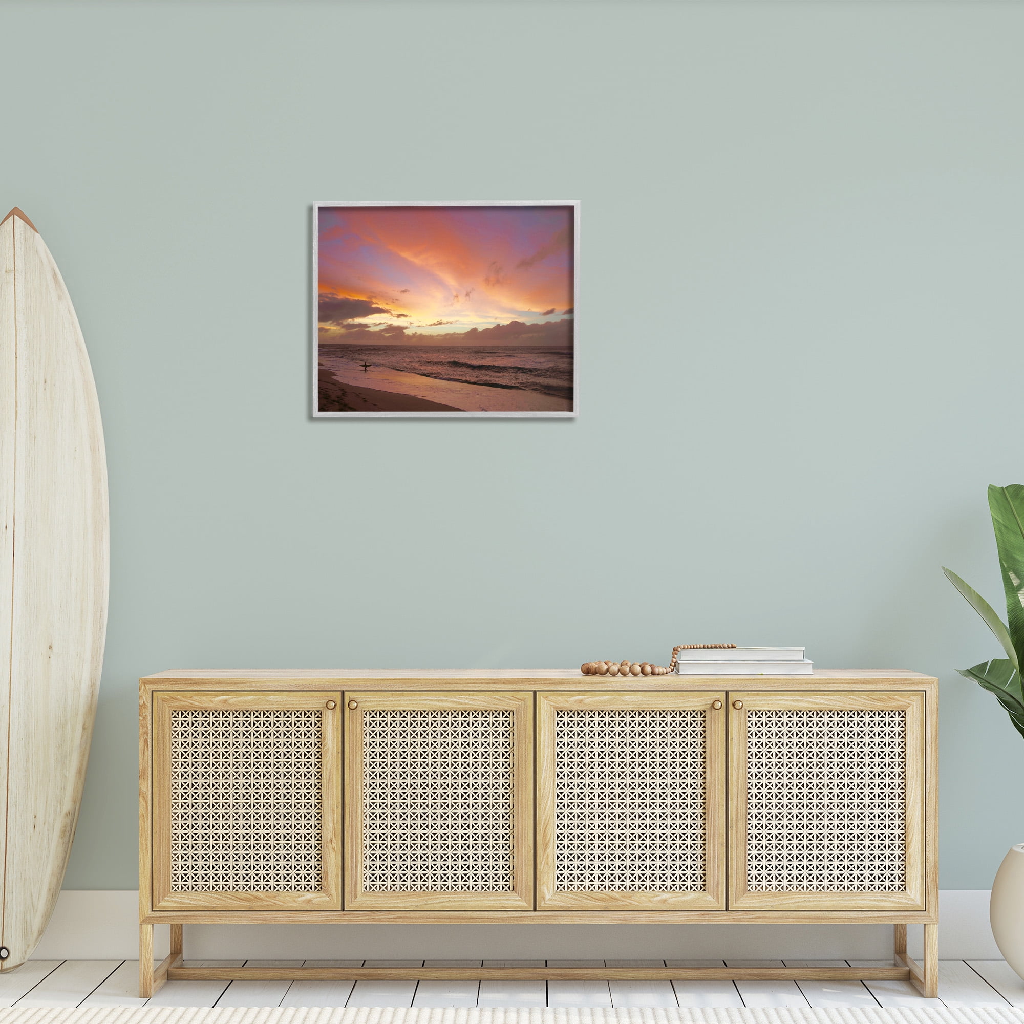 Stupell Industries Surfing Beach Waves at Sunset Nature Photography Gray Framed Art Print Wall Art, 30 x 24