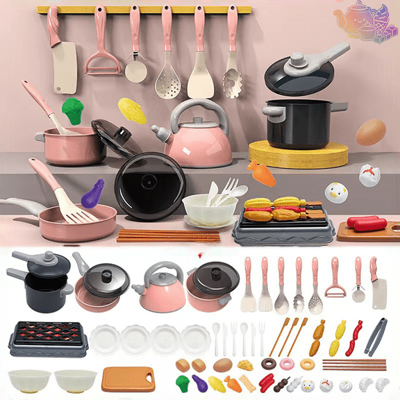 61pcs Kids Pretend Kitchen Cookware Playset with Kettle, Pots, Pans, Cooking Utensils, Grill and Simulation Food, Cooking Pretend Play House Toys, Little Chef Role Play Toy for Kids Ages 3 and Up
