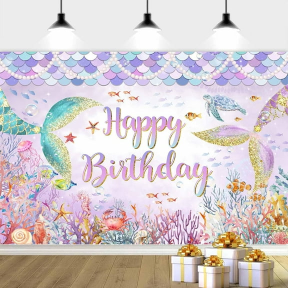 7X5ft Mermaid Backdrop for Girls, Mermaid Birthday Background Purple Mermaid Birthday Photography Background, Dreamy Under The Sea Theme Backdrop Baby Shower Birthday Banner Decor