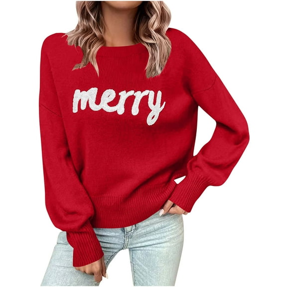 asdoklhq Christmas Womens Christmas Tops Women's Casual Christmas Crew Neck Long Sleeve Pullover Sweater Red S
