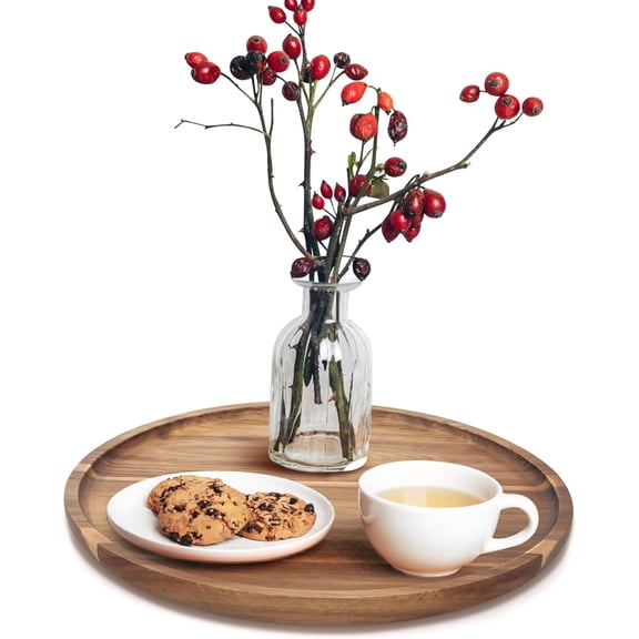 GoXteam Acacia Wood Round Wood Tray for Coffee Table, 11.5 Inch Wooden Serving Decorative Trays for Home