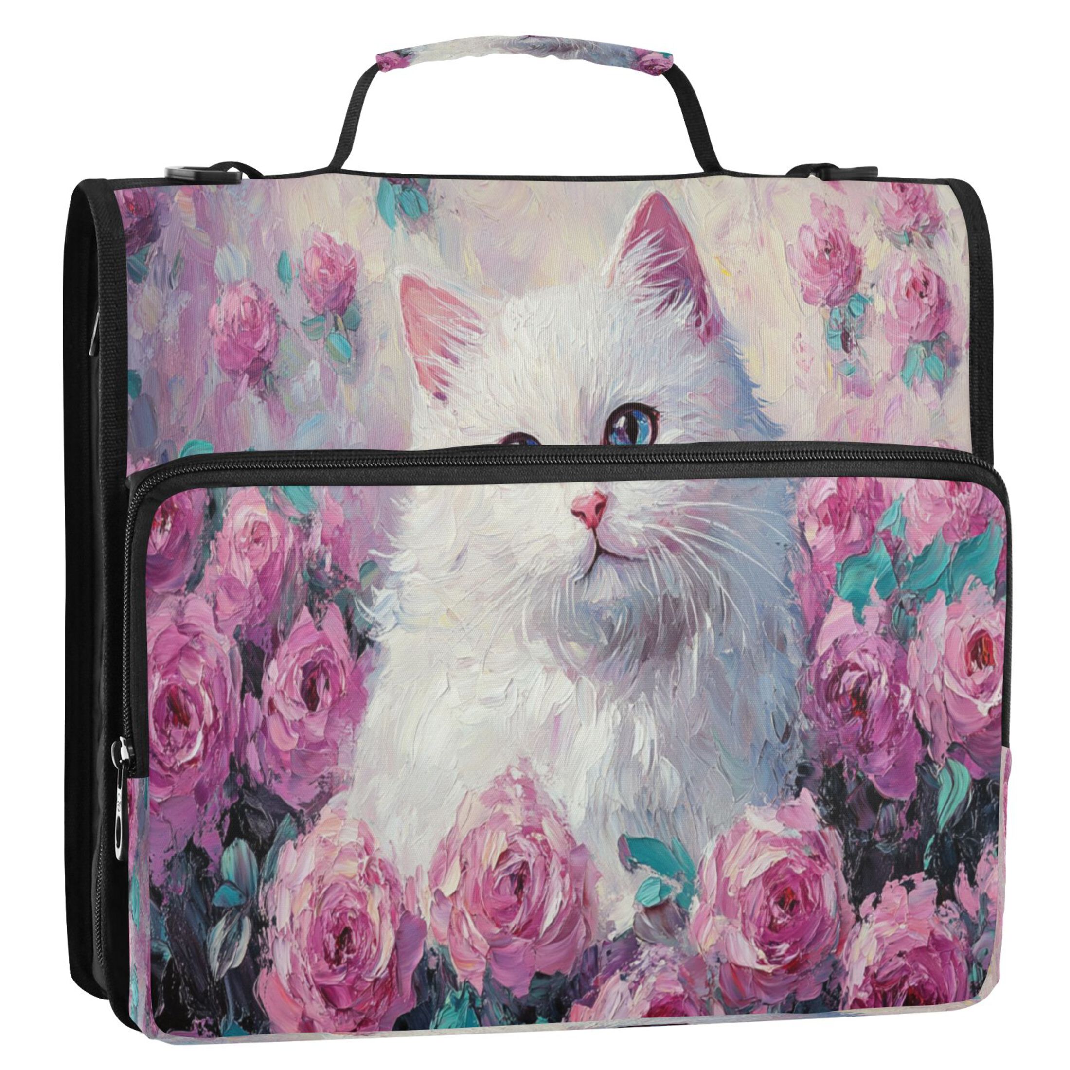 YAZAOO Zipper Binder trapper keeper Documents Organized Design Cat Among Colorful Roses Painting Printed