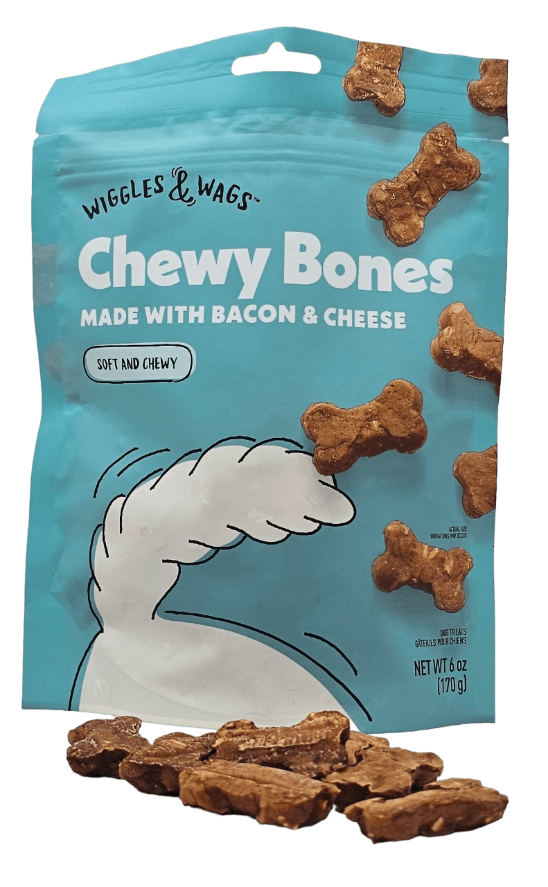 Wiggles & Wags Chewy Bacon and Cheese Bones Dog Treats, 6oz, Pack of 2