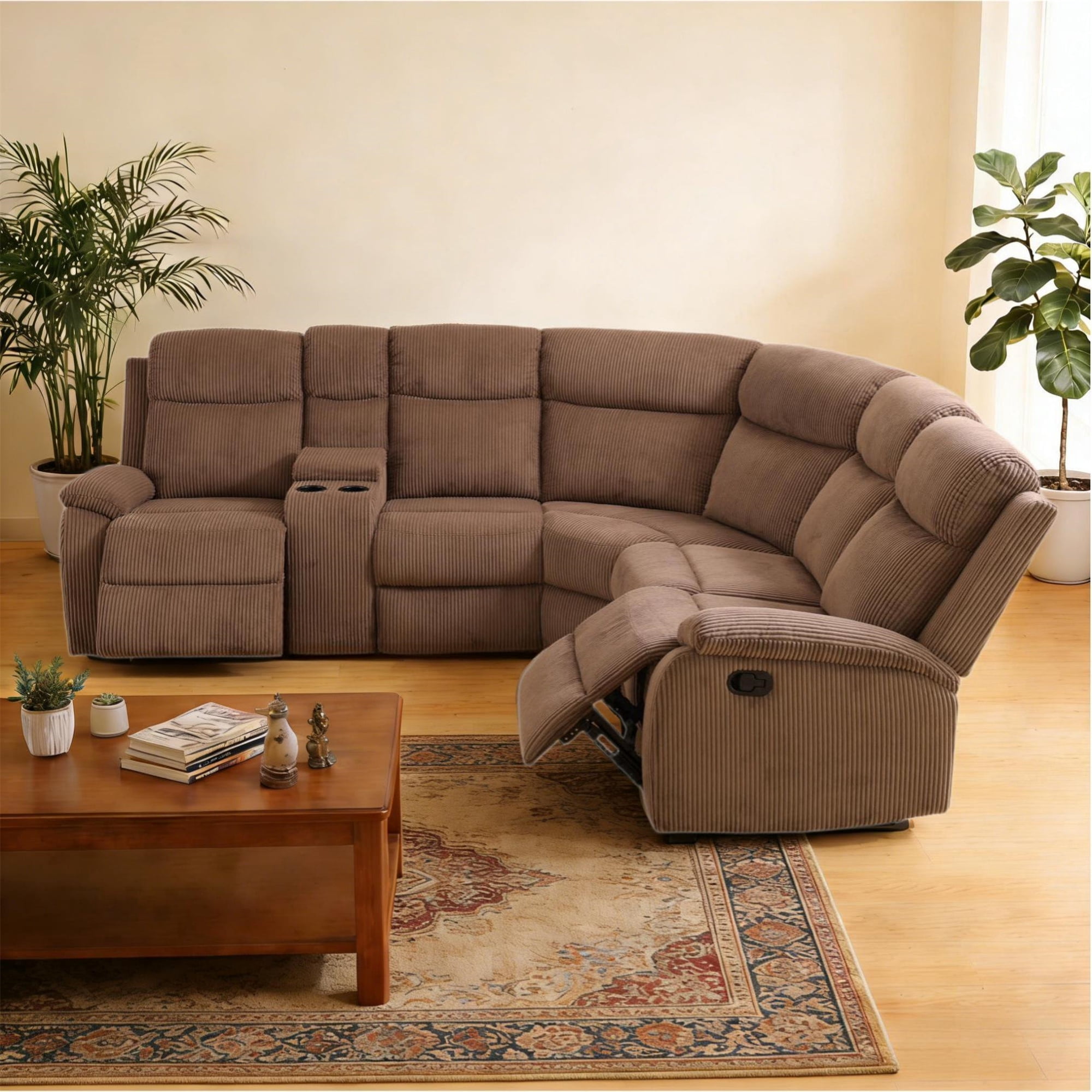 Aukfa 3-Piece Recliner Sofa Set, 5 Seat Sectional Couch with Cup Holders&Storage Console, Corduroy, Brown