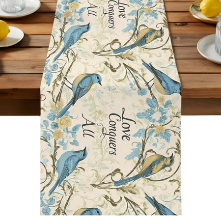 Flower Bird Table Runner Vintage Floral Blue Flower Watercolor Cotton Linen Table Cloth Tablerunner for Kitchen Dining Party Wedding Home Decor 13x60 Inch