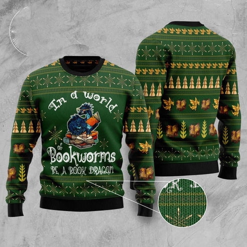 In A World Of Bookworms Be A Book Dragon 3D Christmas Sweater, Funny Xmas Sweater, Sweater Xmas