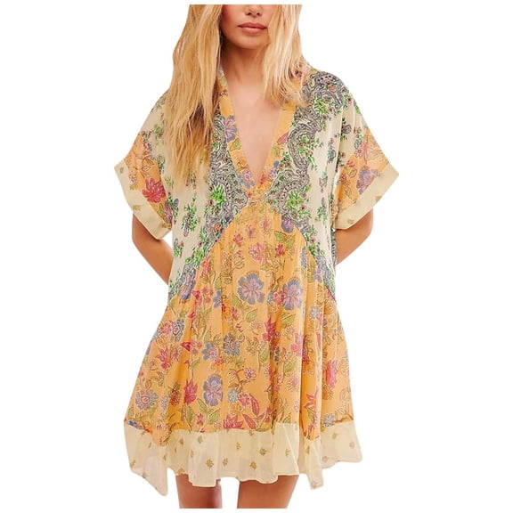 Tumotour Summer Mini T-Shirt Dress For Women'S Printed A-Line Dress With Pocket Short Sleeve V-Neck Beach Sundress