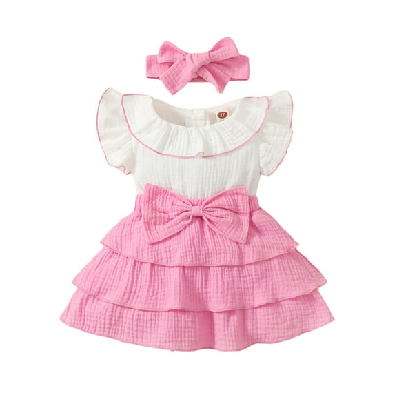 Zwiiyzr 2025 3-24M Baby Girl Summer Clothes Solid Ruffle Collared Flutter Sleeve Bow Dress Headband 2Pcs Outfits Set Pink