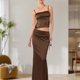 thumbnail image 5 of Conjunto De Falda Larga Con Top De Tirantes Mujeres Cami Top Maxi Hip Wrap Falda con cordones Y2k Slim Party Clubwear (Café M) Ygjytge para Mujer Café T XL, 5 of 7