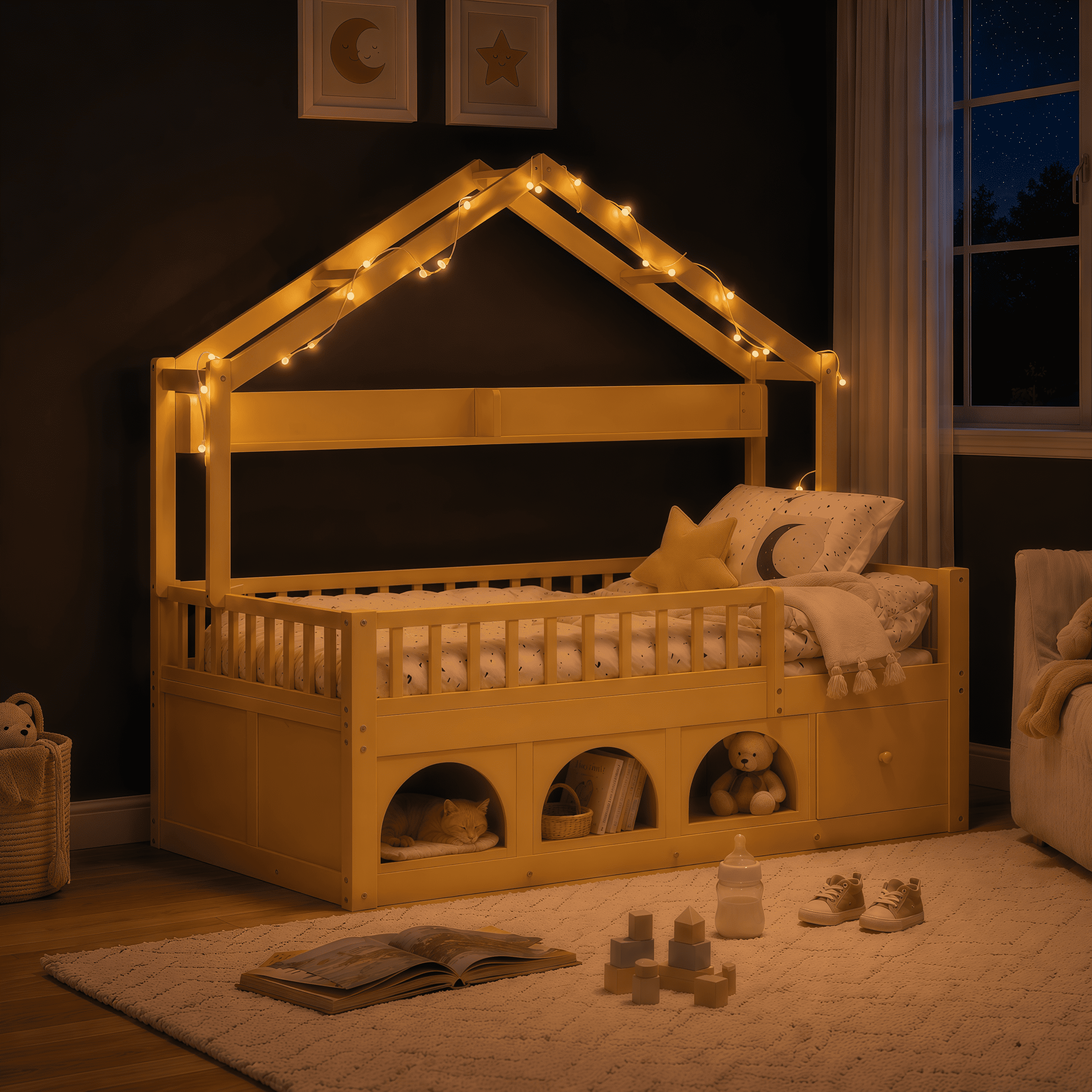 Euroco Wood Full Size Platform Bed with Drawers and Cabinets, House Bed with LED Light and Bookshelf, Natural