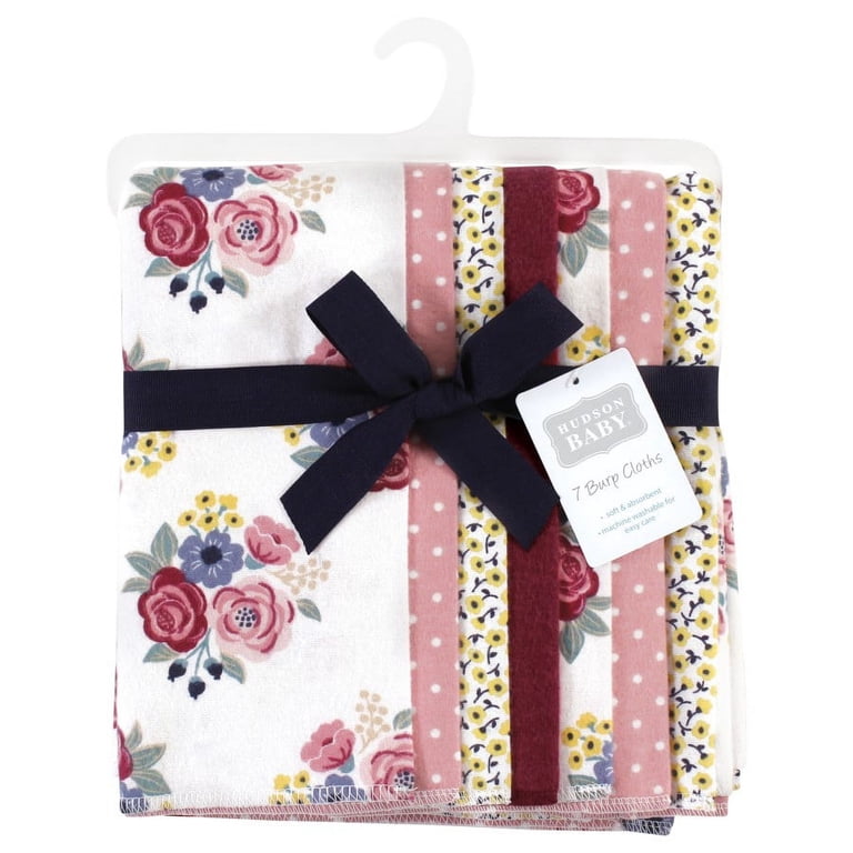 Hudson Baby Unisex Cotton Flannel Burp Cloths - Blush Navy Floral 7-Pack, Super Soft & Absorbent For Newborns