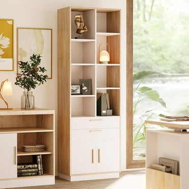 Wood Bookcase with 2 Drawers and Doors, 8 Storage Cubes, Tall Bookshelf, Modern Bookcase, Wooden Bookshelf for Home and Office, Living Room, Study, Light Walnut