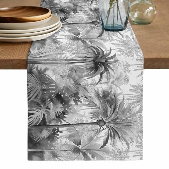 Summer Tropical Leaves Table Runner, Gray Palm Trees Botanical Washable Cotton Linen Table Runners 72 Inches Long, Dresser Scarf Runner for Dining/Coffee/Kitchen/TV Stands/Cabinets 13''x72''