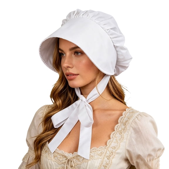 OOOUM Vintage White Bonnet For Women Wide Brim Tie Ruffled Edge Maid Hat Stage Performance Themed Party Headwear One Size