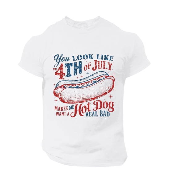 FINALGANG Mens 4Th Of July Hot Dog Print Short Sleeve Crewneck Patriotic T Shirt Independence Day Graphic Tee For Summer Party Wear White M