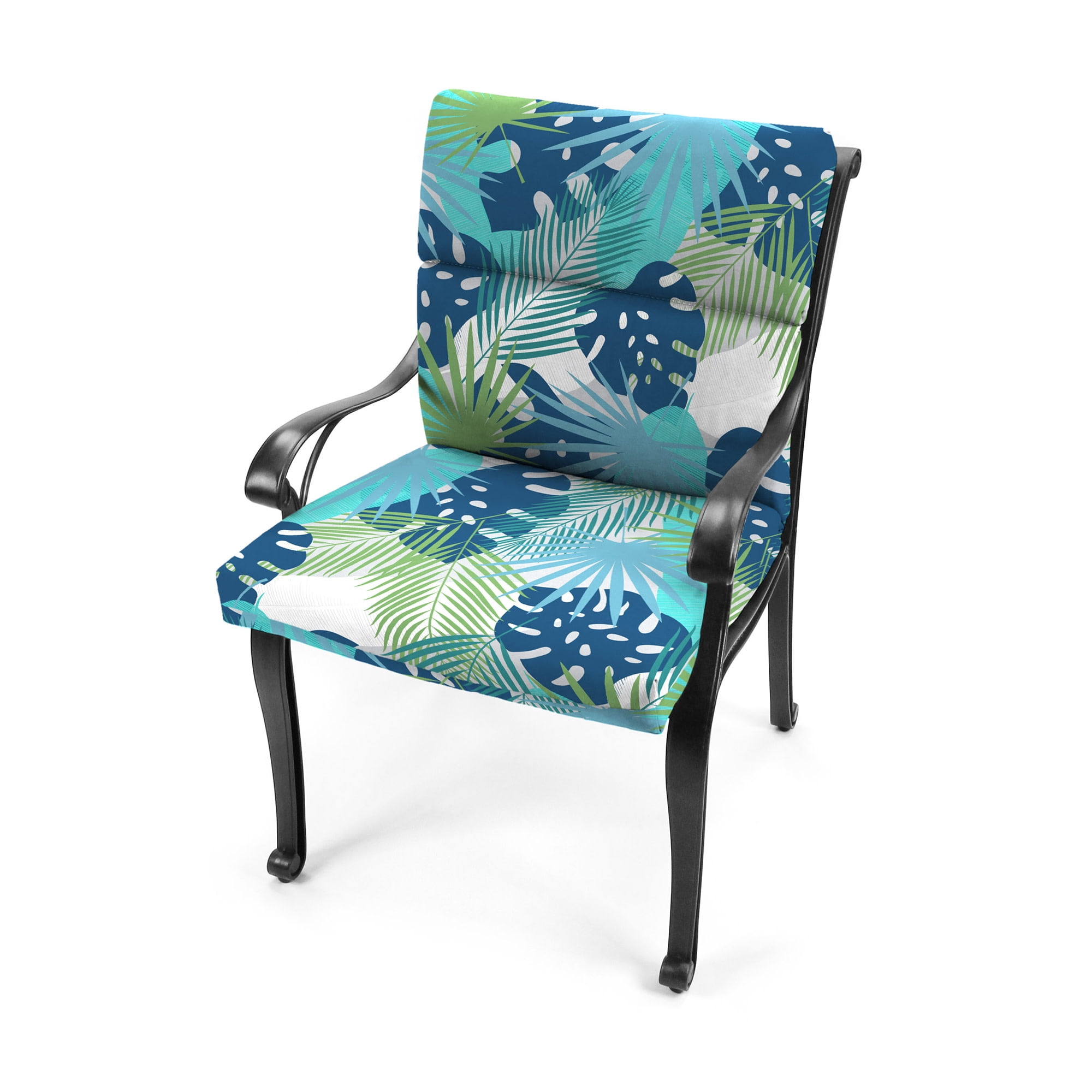 Jordan Manufacturing 44" x 22" Baloo Topaz Blue Leaves Rectangular Outdoor Chair Cushion with Ties and Hanger Loop
