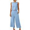 thumbnail image 1 of RT5YKing Ensemble 2 Pcs Coton et Lin Mode Femme Col Rond Blouse Sans Manches Unie + Pantalons Amples avec Poches, 1 of 8