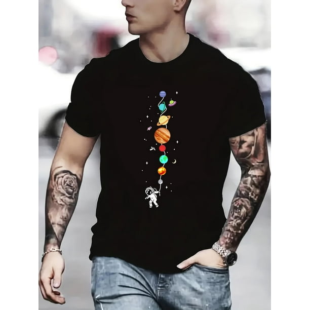 Men's Casual Graphic s For Summer, Spaceman Print Crew Neck T-shirts, Trendy Chic Outfit Men's Clothings Tee For Adult, Men, Women, Teen, Teenager, Adolescent, Youth