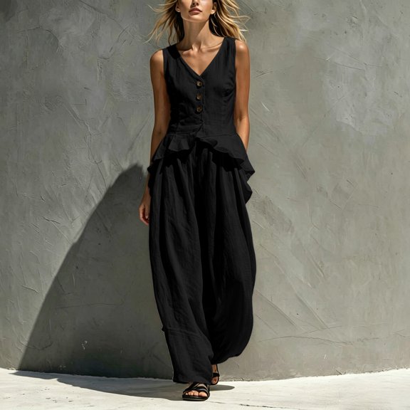 Aimik Lounge Sets for Women Button Down Vest and Loose Wide Leg Long Pants Fall Winter Casual 2 Piece Outfits for Women