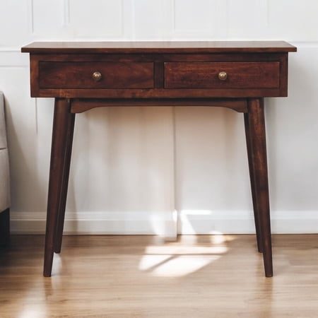 Console Table Solid Mango Wood with California Walnut Finish 2 Storage Drawers and Nordic Style Legs Rectangular Freestanding Design for Hallway or Bedroom Brown Wood Tone