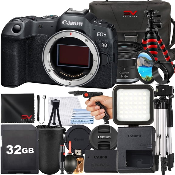 Canon EOS R8 Mirrorless Camera with RF-S 18-45mm Lens   SanDisk 32GB Memory Card   Case   Tripod   SV Premium Accessory Bundle (International Version)