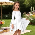 thumbnail image 5 of Kiijoy Girls Flare Sleeve Off Shoulder Dress Elegant Solid Irregular Short Dress, Sizes 3-11, 5 of 7