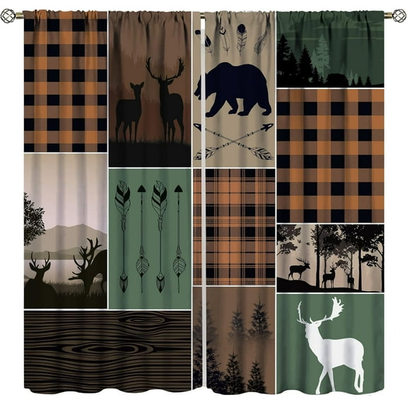 Rustic Cabin Curtains, Hunting Bear Deer Drapes for Kids Teens Adults, Farmhouse Moose Blackout Vintage Plaid Tree Growth Ring Window Curtains for Bedroom Decor, 21x63in, 2 Panel Set