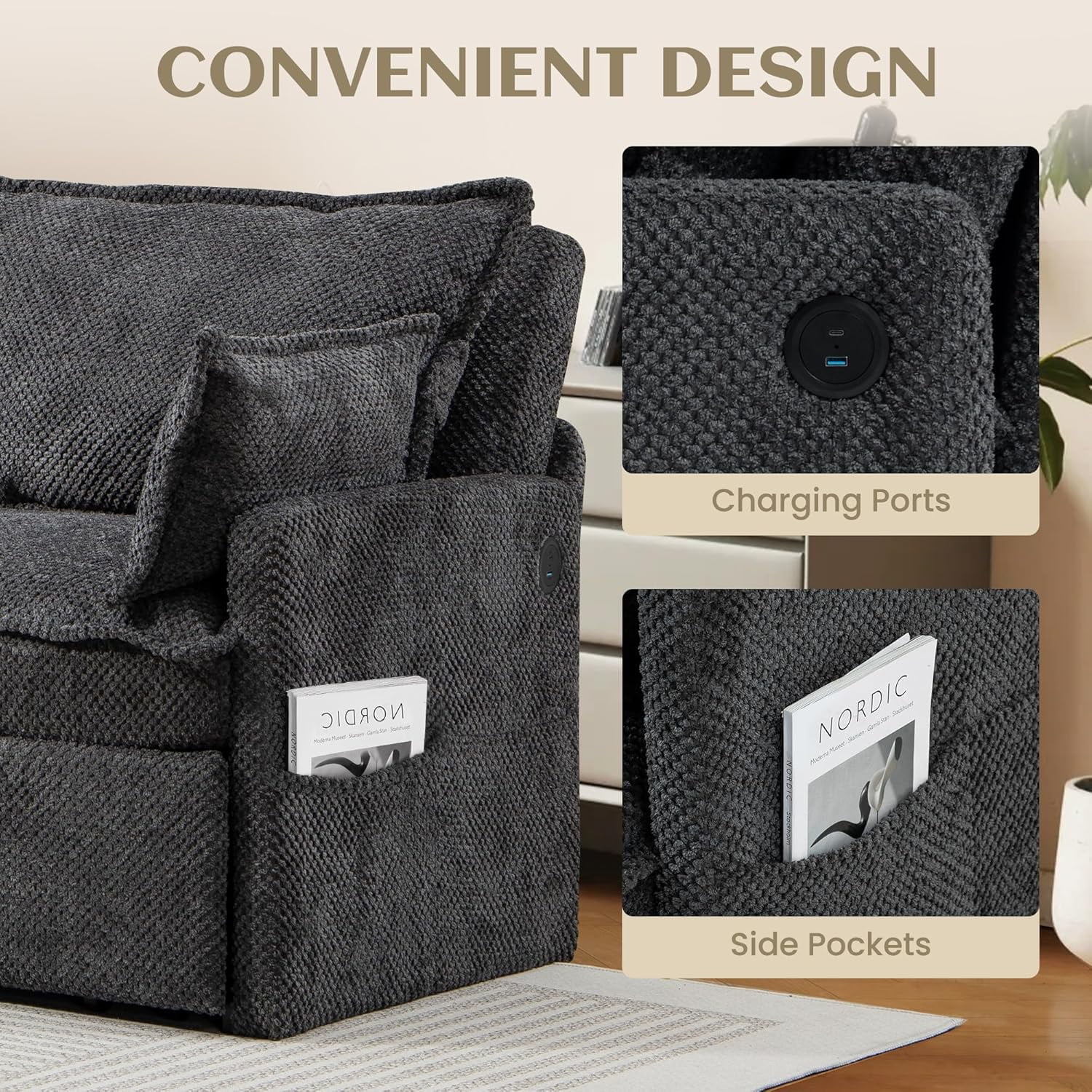 Modern Convertible Sleeper Sofa with USB Charging, Queen-size Corduroy Upholstery Sofa Bed, Gray