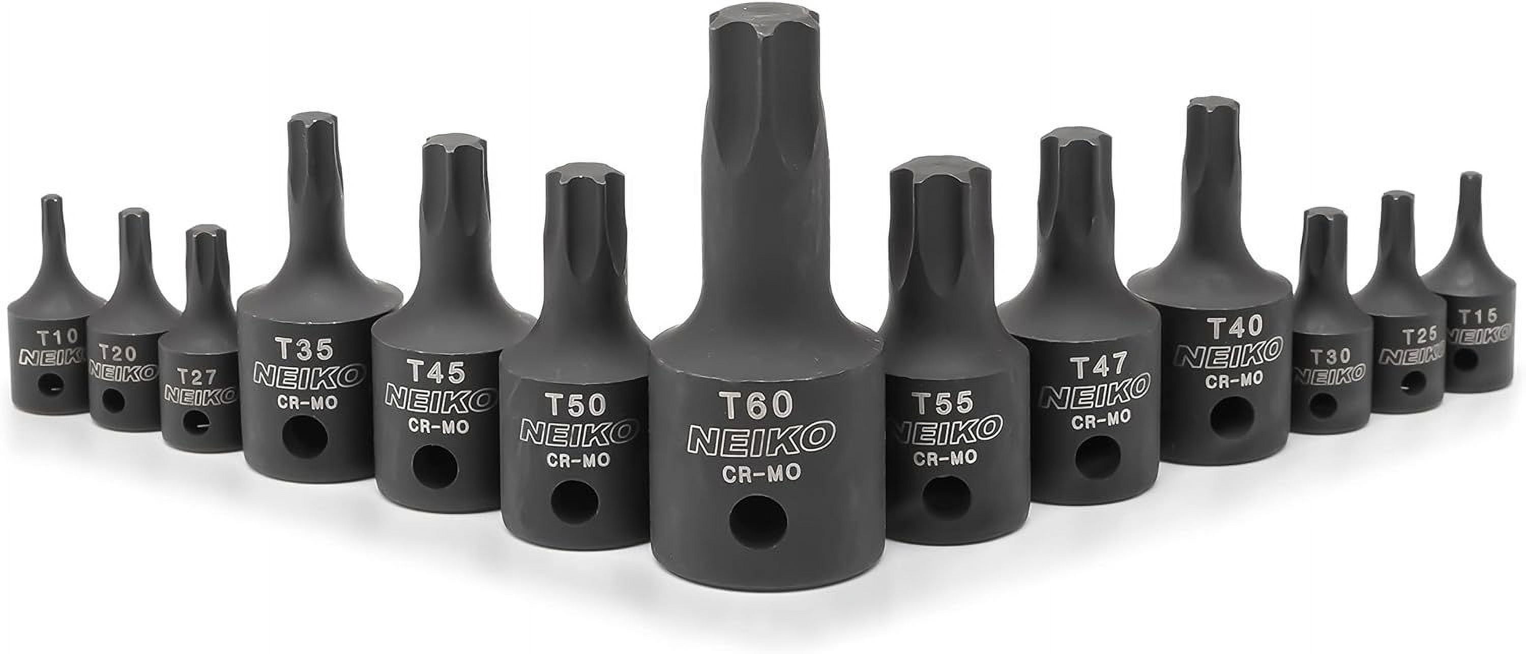 NEIKO 10281B Impact Torx Bit Socket Set, 1/4", 3/8", 1/2" Drive, 6 Point Star Sockets, Heavy Duty Impact Grade Cr-Mo, T10 to T60 High Impact, Professional Grade Auto & Motorcycle Mechanic Socket Set