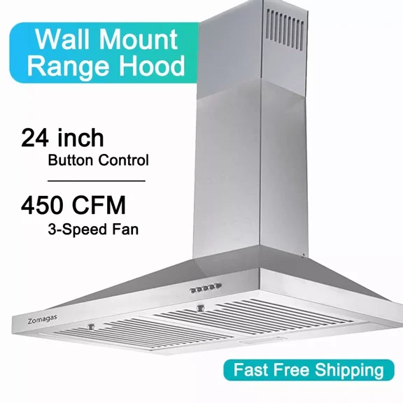 Range Hood 24 inch Wall Mounted Range Hood in Stainless Steel Convertible Stove Vent Hood 3 Speed