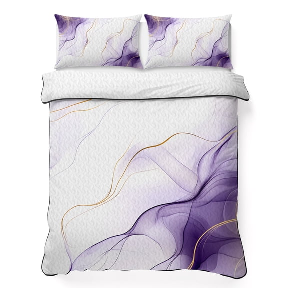 King Quilt Set 96''x106'', Marble Purple Lightweight Bedspread Coverlet Set with 2 Pillow Shams, Gold White Modern Gradient Ocean Ripple Breathable All Season Quilt Bedding for Bedroom/Guest Room