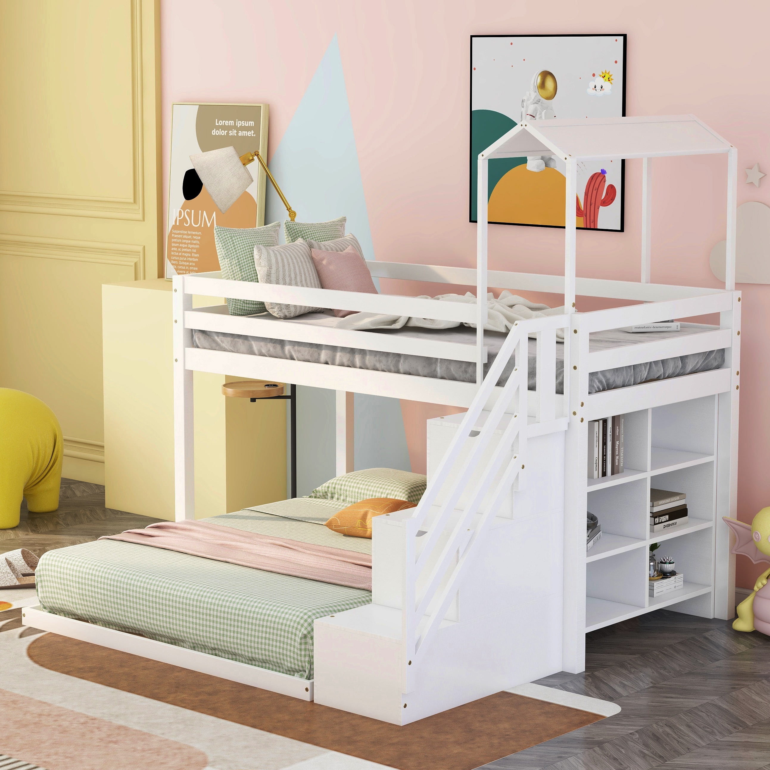 Bellemave Twin Over Full Bunk Bed with Stairs and Storage, Wood House L