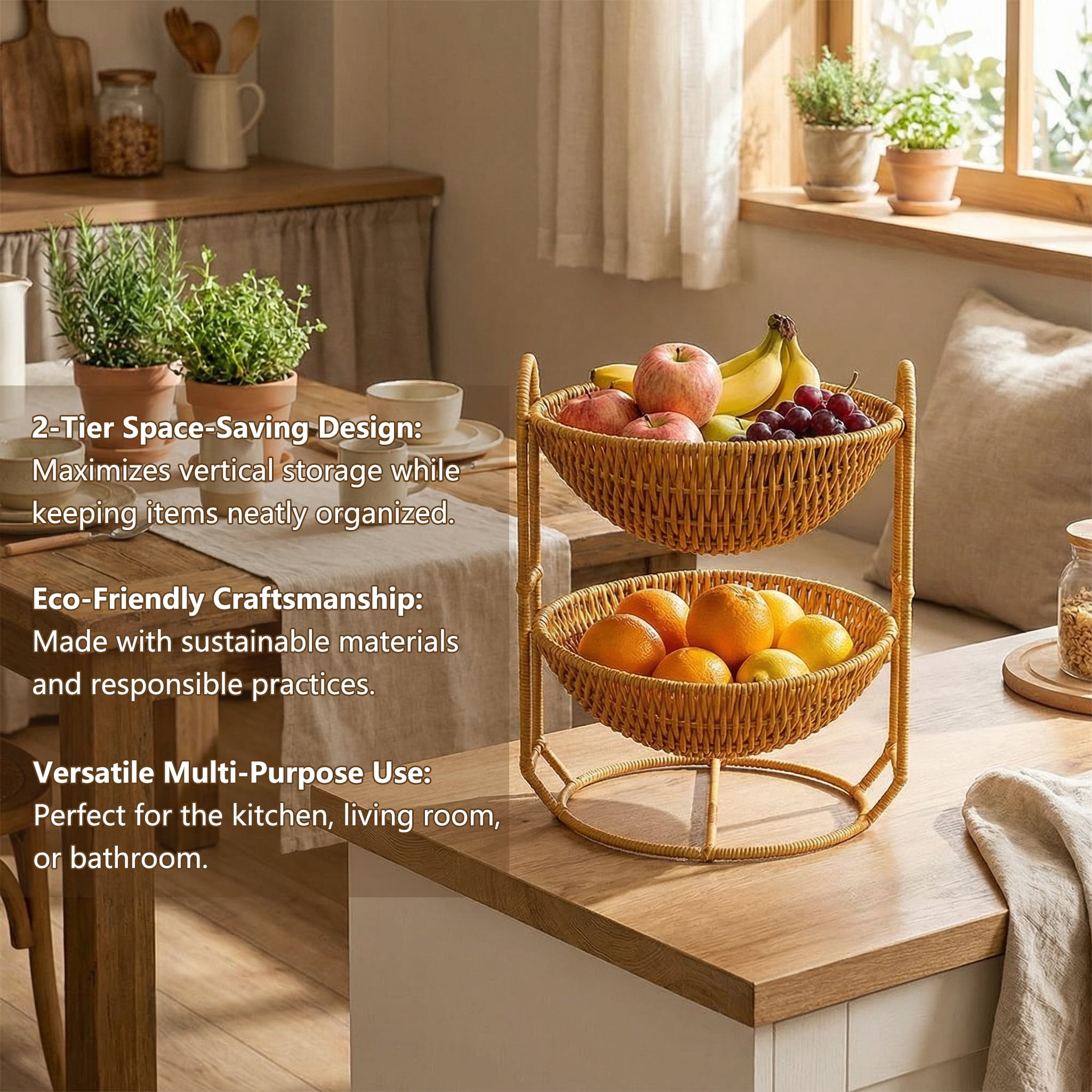 Handles Rattan Fruit Storage Basket, Beige Japanese