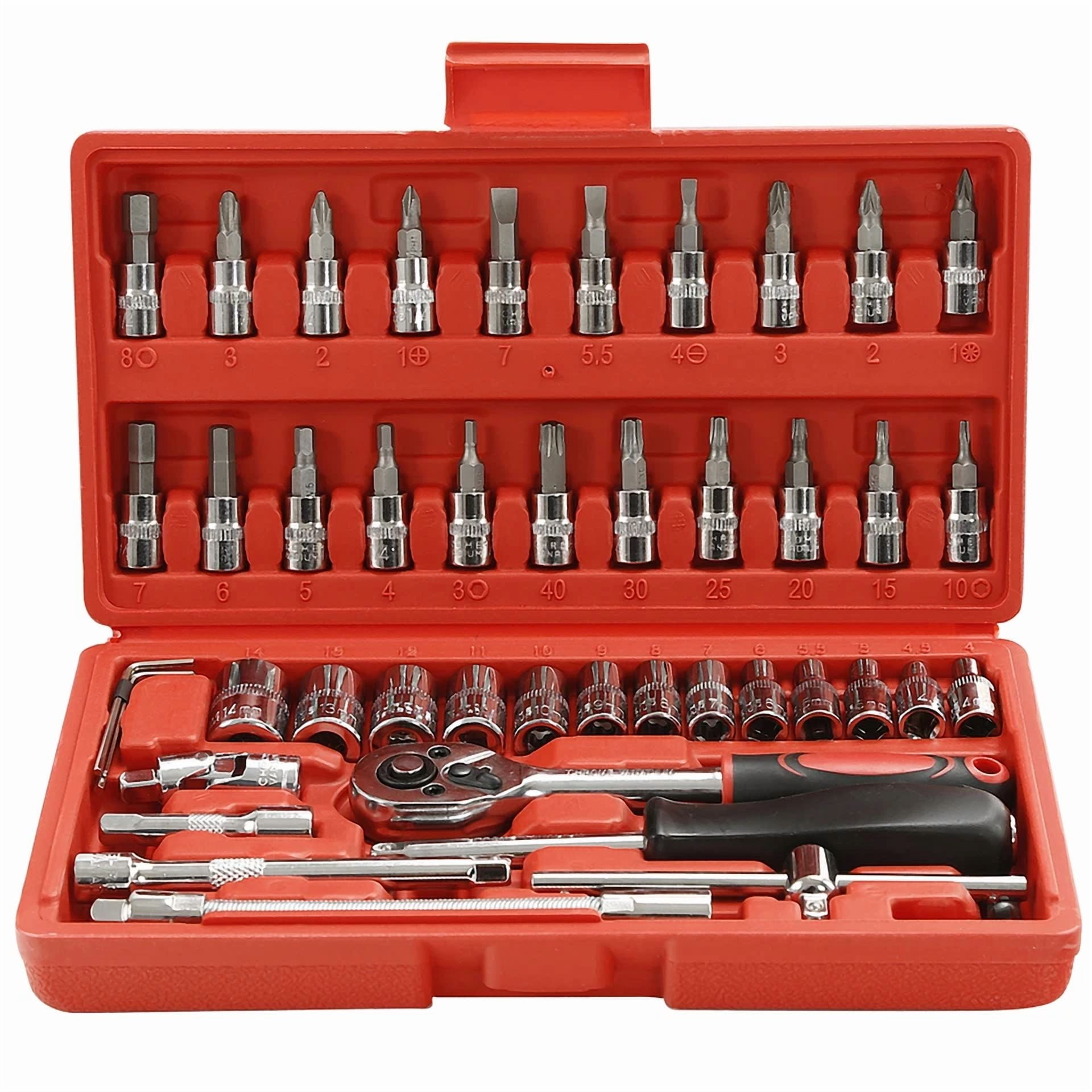 CRESTIN- 46Pcs 1/4"Socket Ratchet Wrench Set Mechanical Tool Kit For Household Car Repair