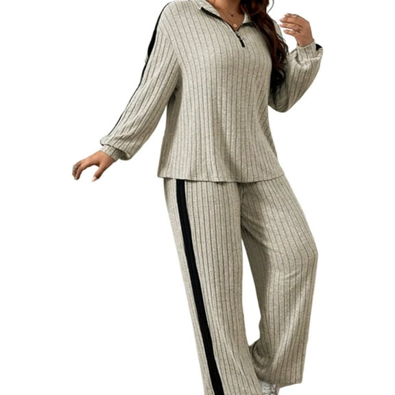 Women'S 2 Piece Outfits Casual Ribbed Knit Lounge Sets Cozy Half Zip Sweatsuit Sets Wide Leg Jogger Tracksuits Khaki S