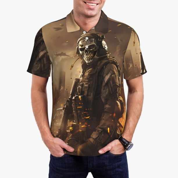 Fotbe Apocalyptic Skull Soldier Camiseta Polo de Golf para Hombre con Estampado – Camisa Deportiva Transpirable con Cuello Abotonado-4X-Large