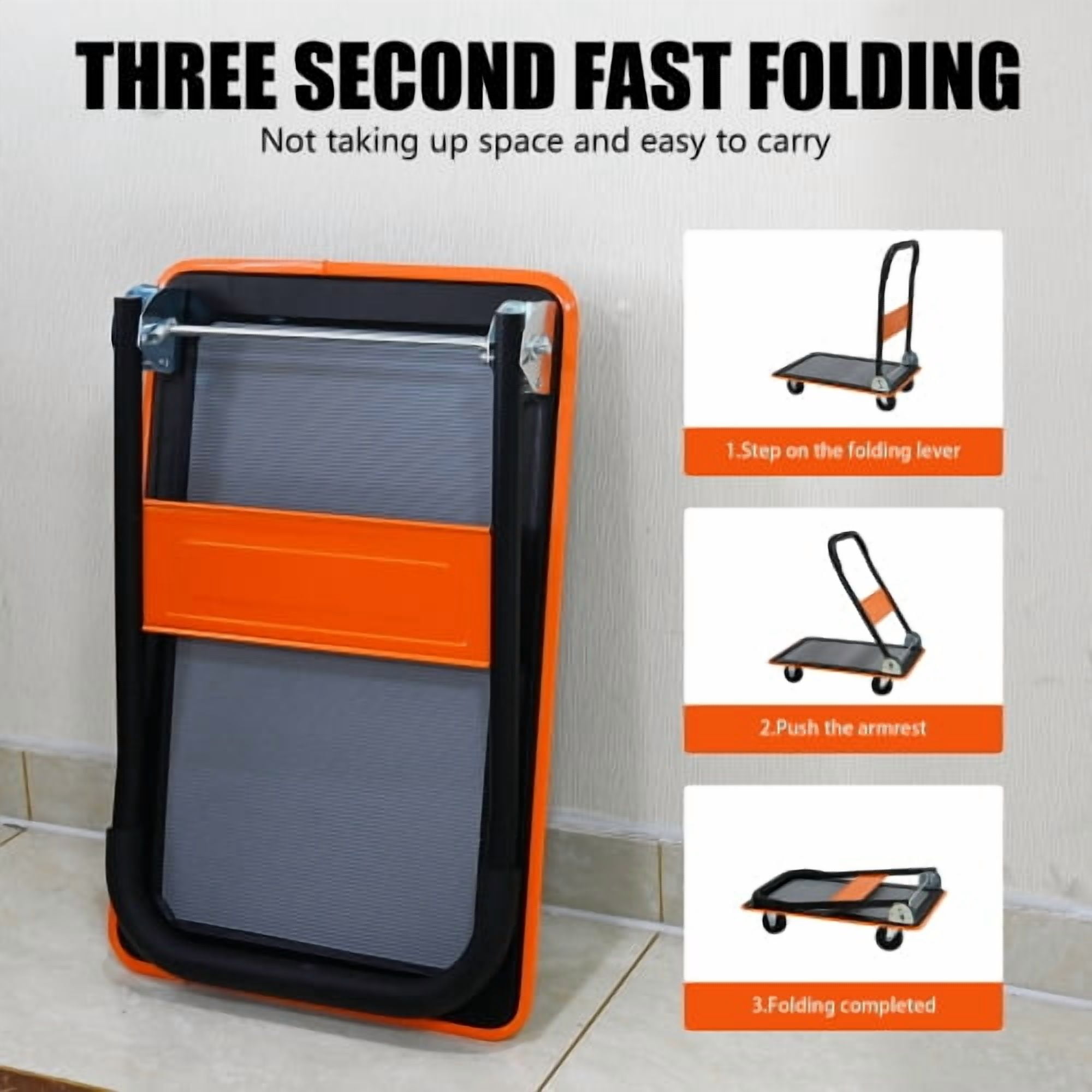 Foldable Flatbed Cart, 330LBS Heavy Duty Hand Truck with 360° Swivel Wheels, Large Platform Push Cart for Warehouse, Moving and Storage (Orange)
