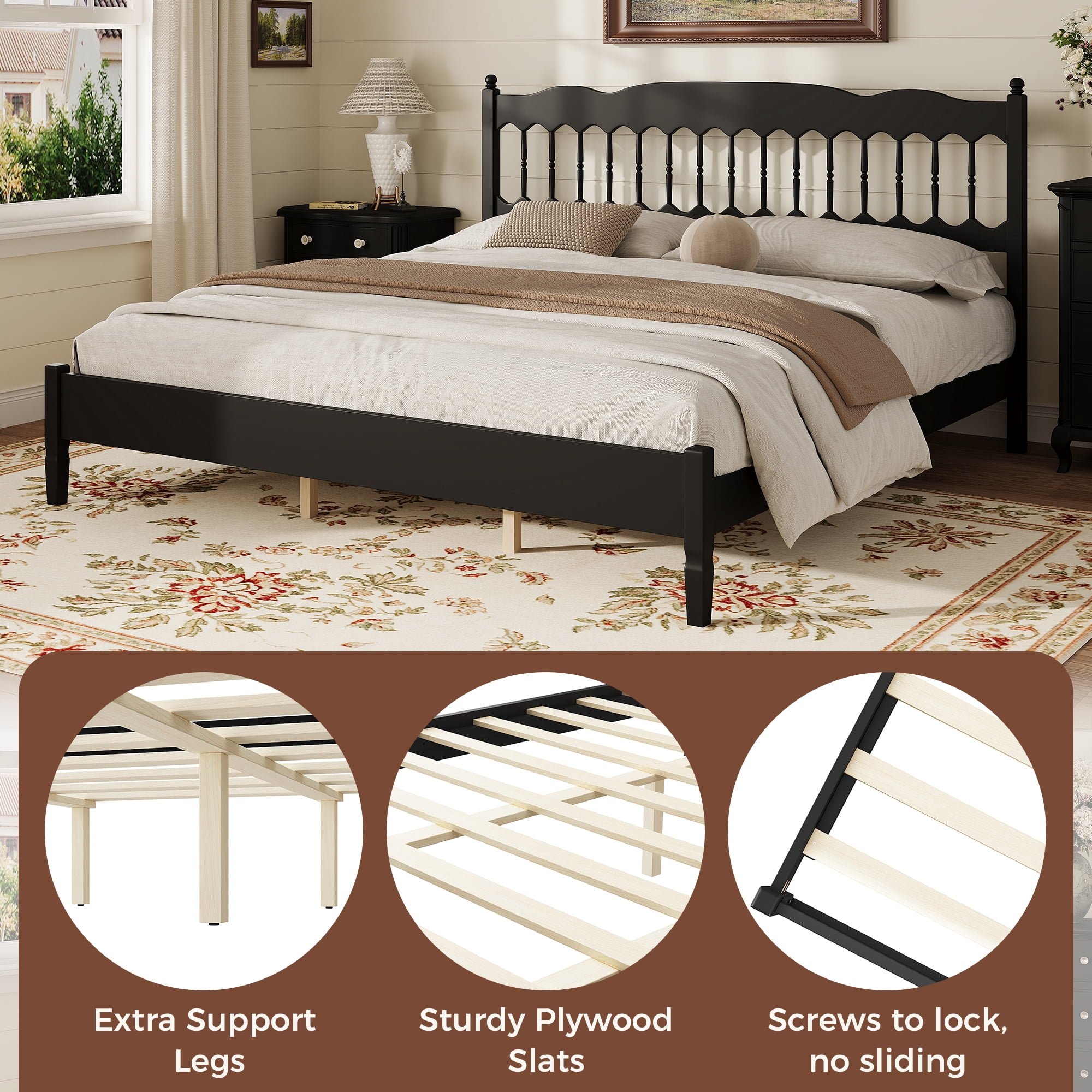 Mintazer Farmhouse King Platform Bed with Spindle Headboard, Vintage Arched Slat Platform Bed Frame for Bedroom, No Box Spring Required, Black