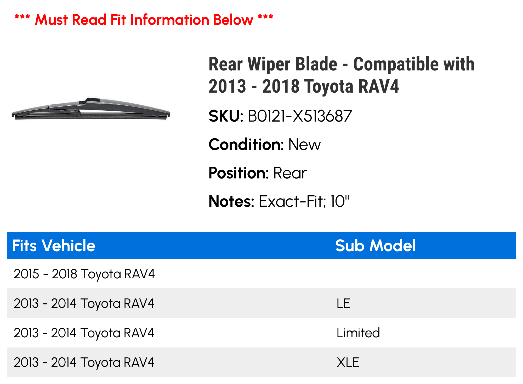 TRICO Compatible Toyota RAV4 2013 - 2018 Rear Wiper Blade 10"