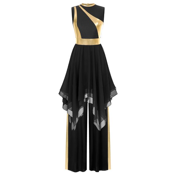YiZYiF Women's Praise Dance Outfits Sleeveless Overlay Worship Dress with Wide Leg Pants Set Black XL