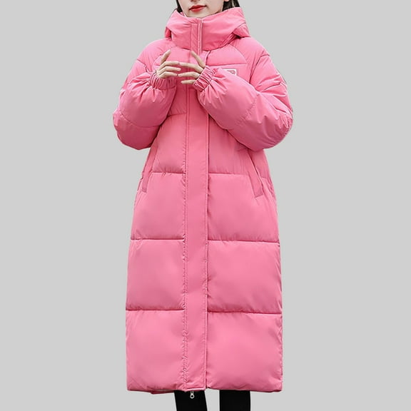 Fartey Womens Long Quilted Coat Winter Full Zip Thickened Warm Coats Loose Casual Hooded Padded Jacket Solid Color Long Sleeve Parka Jackets with Pockets