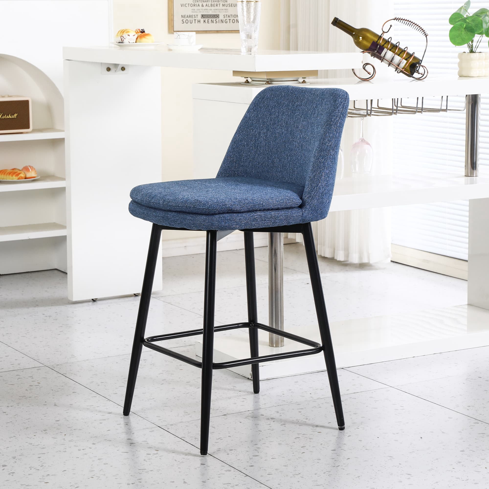 MAYEERTY Counter Height Swivel Bar Stools Set of 2 360° Swivel Upholstered 25.6 Seat Height Linen Cloth Blue Linen Kitchen Island Pub