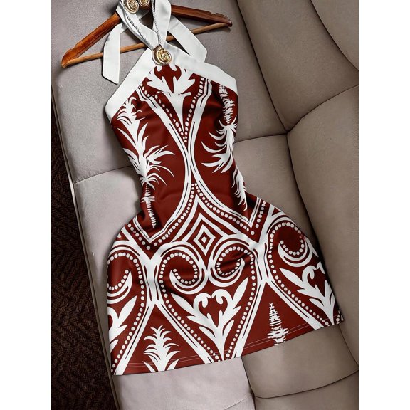 Sexy Fitted Halter Tie Waist Printed Color Block Mini Dress for Women - Casual Beach Holiday Travel