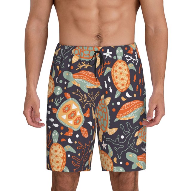 Balery Turtles and Sea Plants Pantalones cortos de pijama de punto de algodón para hombre con cinturilla y bolsillos-X-Large