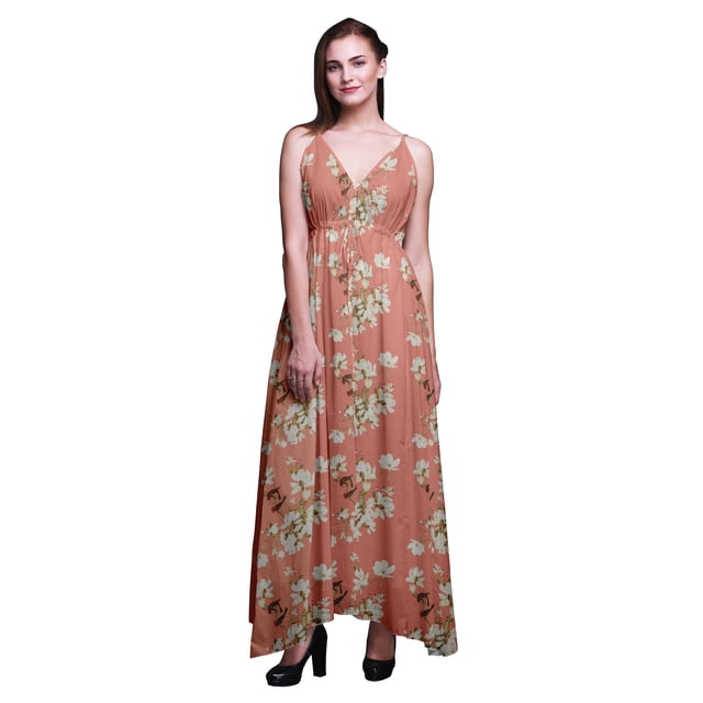 Bimba Robe Longue à Imprimé Floral pour Femmes, Bretelles Spaghetti, Col en V, Maxi, Tenue de Plage - Grand