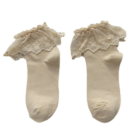 

ZENTREE Women Ankle Socks Lolita Ruffle Lace Stockings Solid Color Cotton Crew Socks