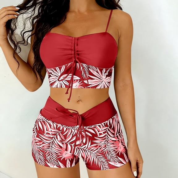 PNTUTB Summer Women's Fashion Print Drawstring High Waisted Briefs Separate Swimsuit Bikini Set