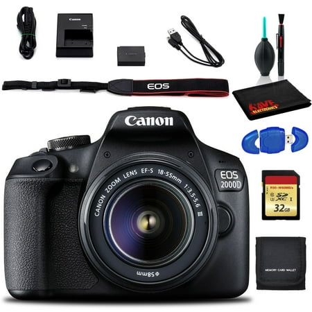 Canon EOS 2000D DSLR Camera with EF-S 18-55 mm F/3.5-5.6 III Lens (International) with Cleaning Kit and Memory Kit