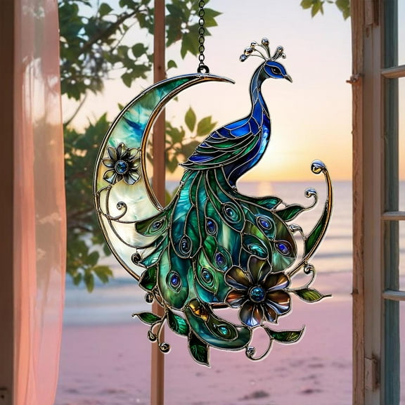 Peacock Crescent Moon Faux Stained Glass Suncatcher, Acrylic Fantasy Window Hanging, Home Decor, Gift for Mom or Car Mirror Hanging Ornament