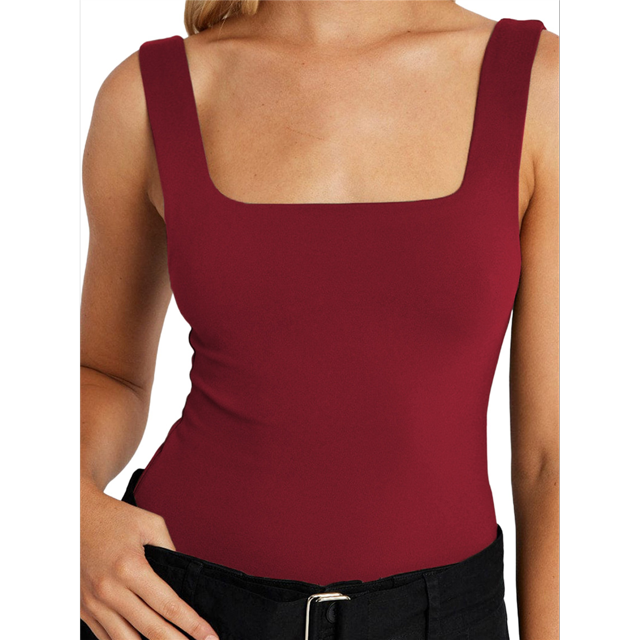 Camisetas Sin Mangas Ajustadas con Cuello Cuadrado para Mujer, de Doble Capa, Sin Costuras, Ajustadas, Básicas, -Verano 2025 Rojo XL